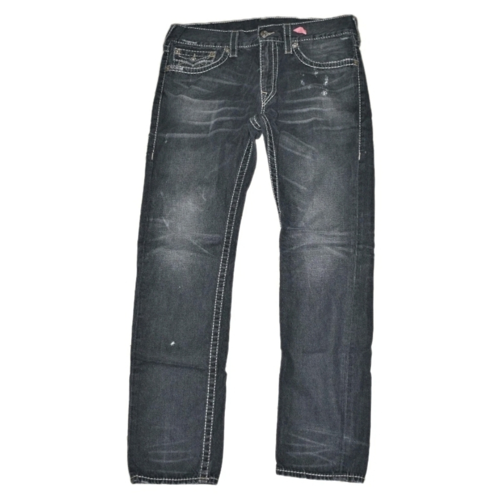 True Religion Super T Jeans Men’s Skinny Dark Wash Distressed Denim 36x34